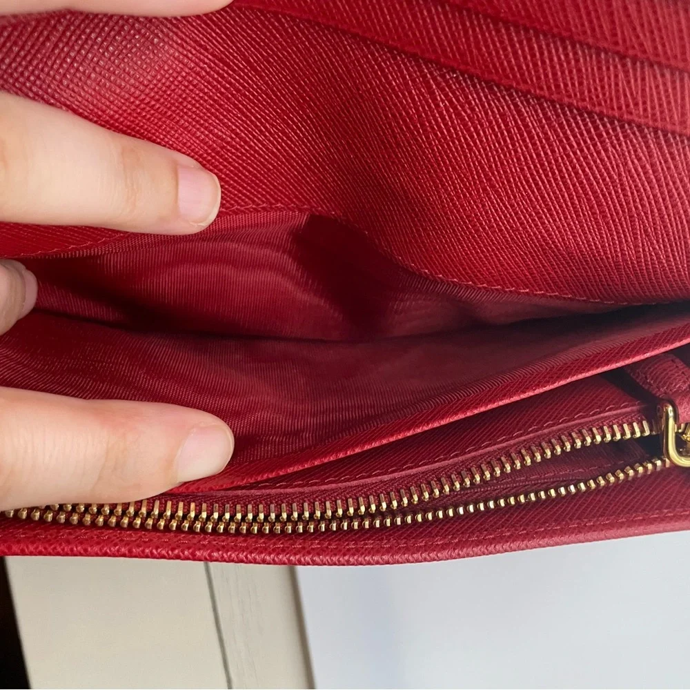 Prada - Saffiano Leather | Double Snap Long Wallet - Red | Gold Hardware - $1020 - Picture 15 of 16